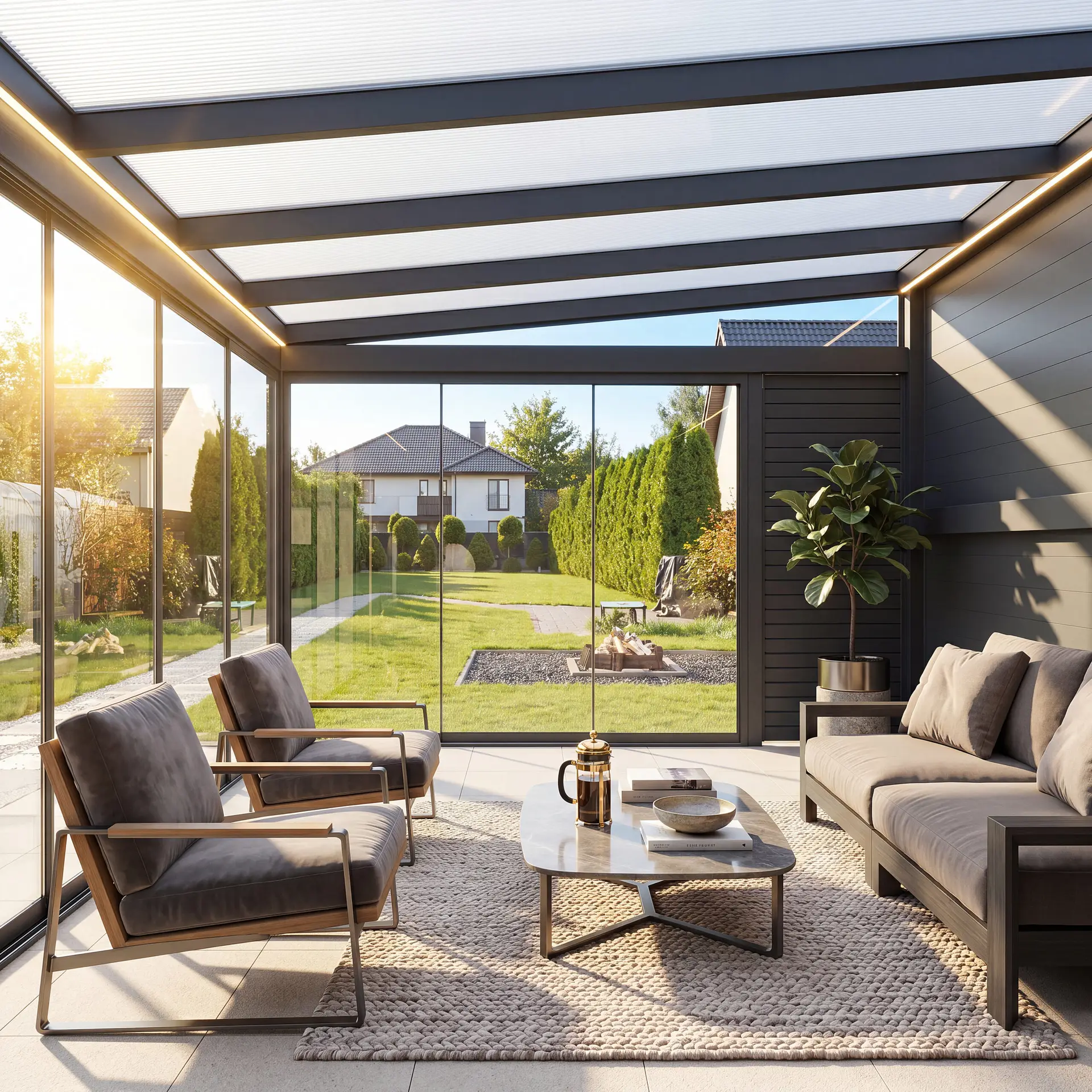 Aluminiowe zadaszenie tarasowe z zabudową szklaną i oświetleniem LED